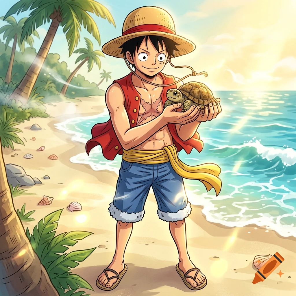 An anime-style illustration of Monkey D. Luffy standing on a tropical beach holding a small turtle, with palm trees and the ocean in the background under a sunny sky.