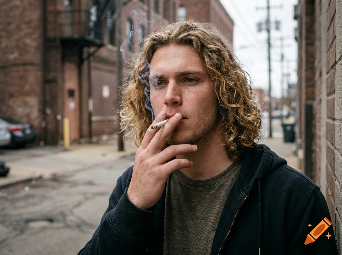 A young man with long curly blonde hair smokes a cigarette on a city street.