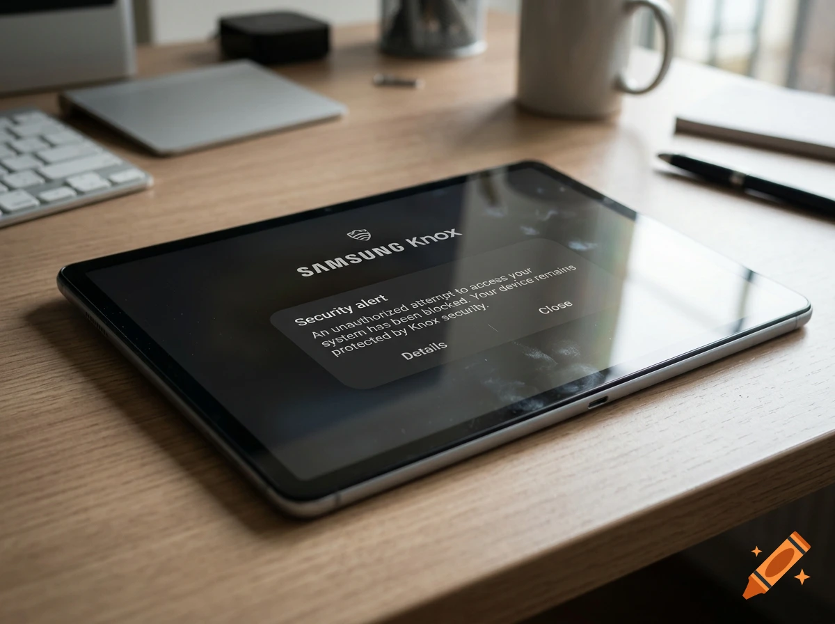 Close-up photorealistic image of a tablet displaying a Samsung Knox security alert on a wooden desk.