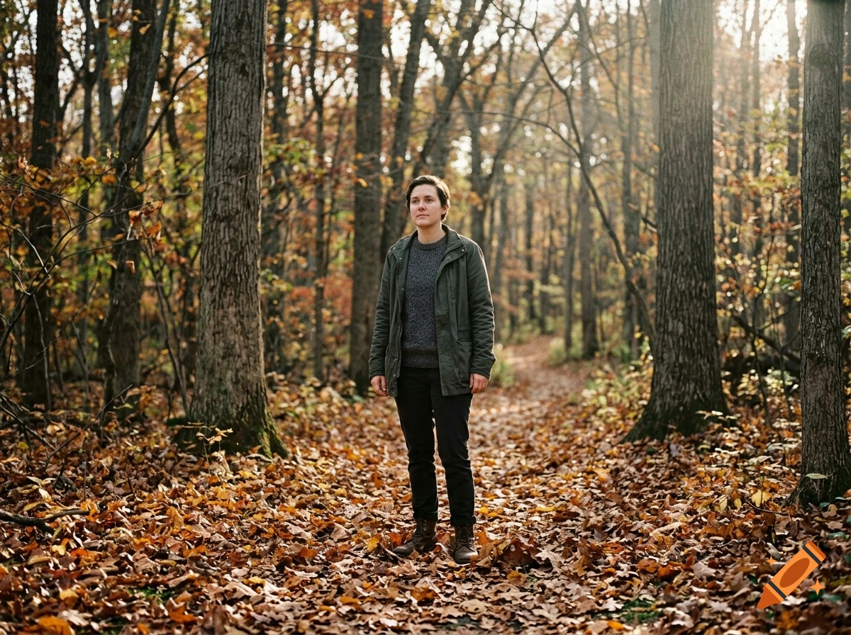 A person standing on a leaf-covered path in the middle of a dense autumn forest.