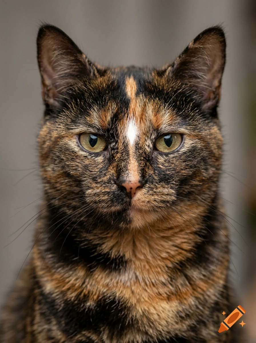Close-up portrait of a tortoiseshell cat with green eyes and a white teardrop-shaped spot on its forehead, photorealistic.