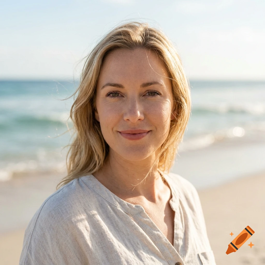 Close-up portrait of a smiling blonde woman on a sunny beach with the ocean in the background.
