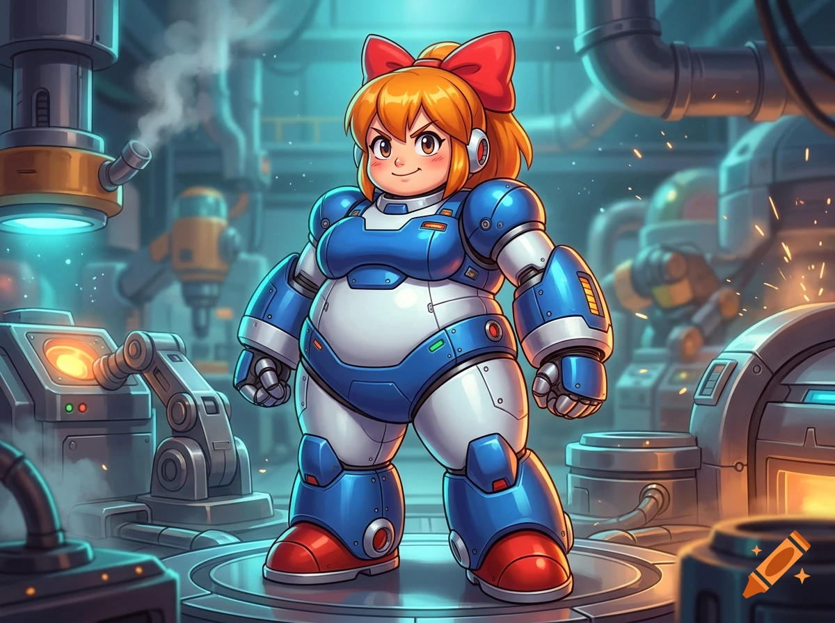 An anime-style illustration of a female character wearing blue and white robotic armor inside a futuristic industrial factory.