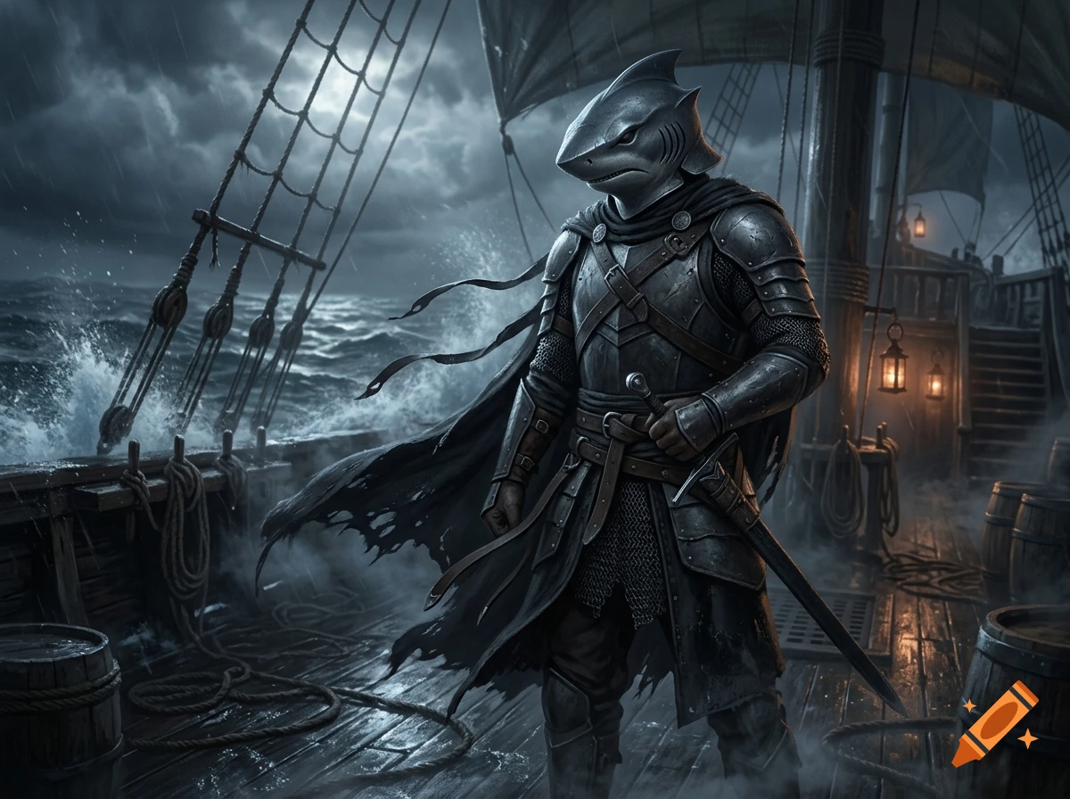 A dark fantasy warrior with a shark helmet wearing plate armor on a ship during a stormy night.