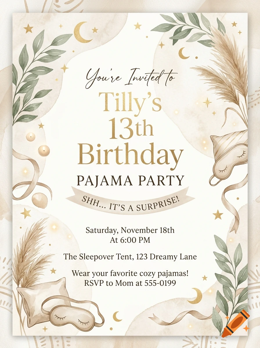 Boho chic 13th birthday pajama party invitation with beige, sage green, and gold celestial design elements.