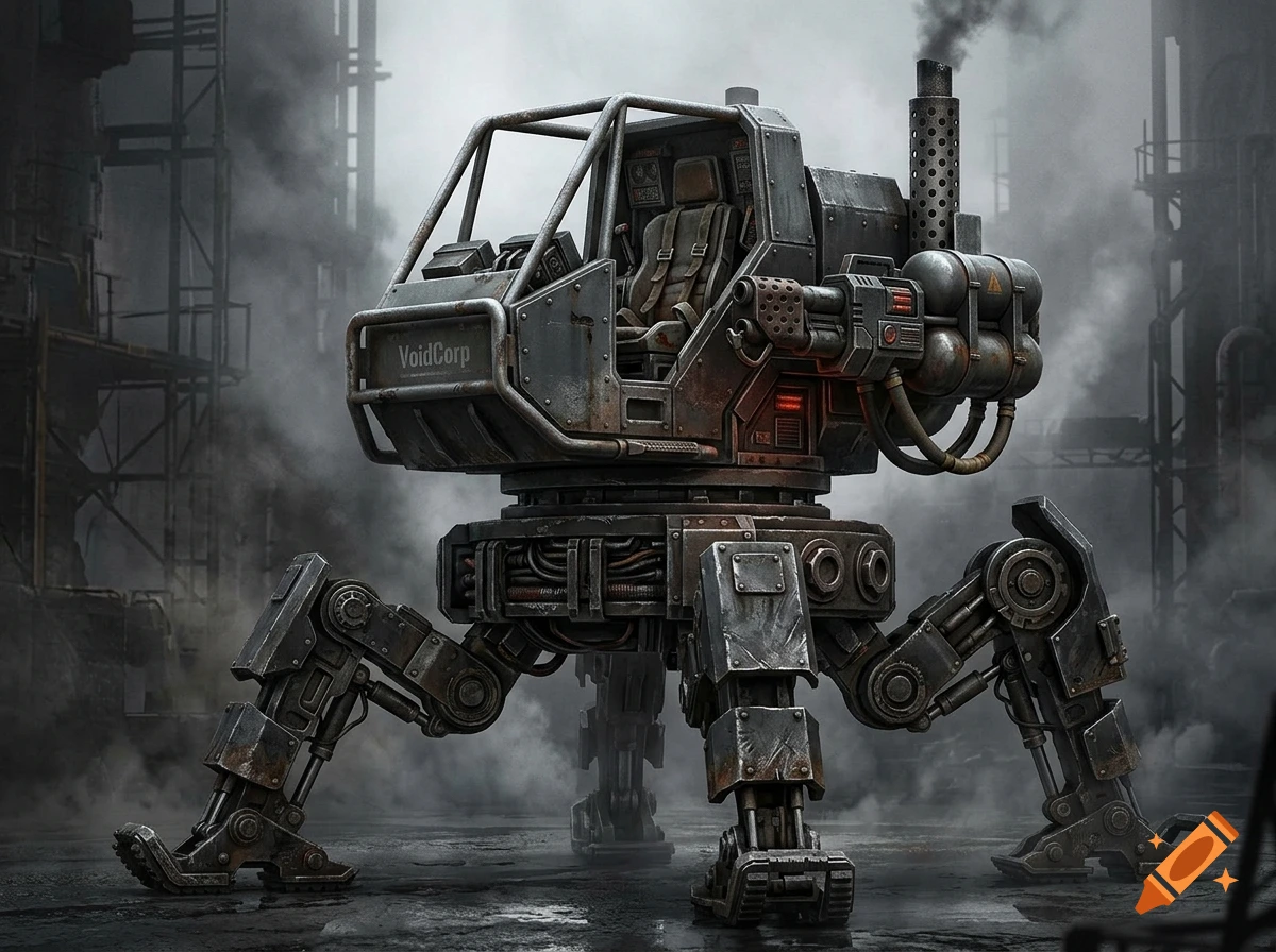 Grimdark digital sci-fi concept art of a mechanical bipedal walker with an open cockpit and heavy armor, standing in a foggy industrial setting.