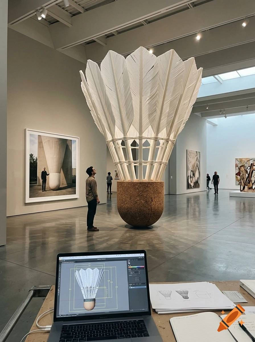 A giant shuttlecock art installation inside a modern art museum, viewed over a laptop showing a 3D model.