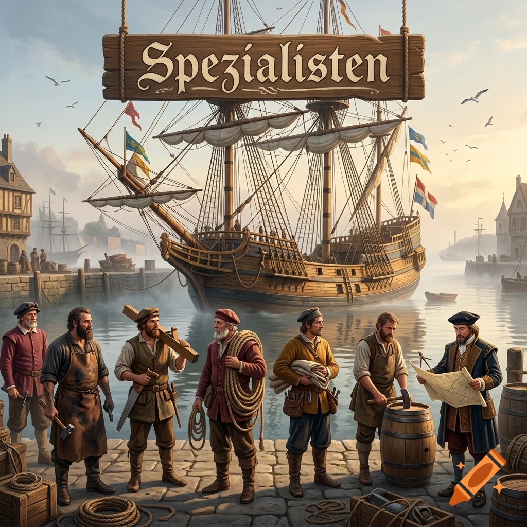 A 16th-century sailing ship anchored in a harbor with craftsmen and merchants standing on the stone pier in the foreground.