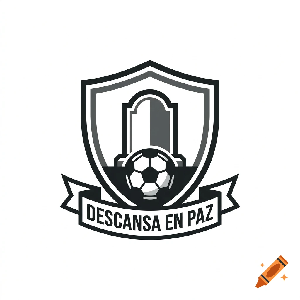 Minimalist black and white football club logo with a shield, tombstone, soccer ball, and a ribbon with the text 'DESCANSA EN PAZ'.