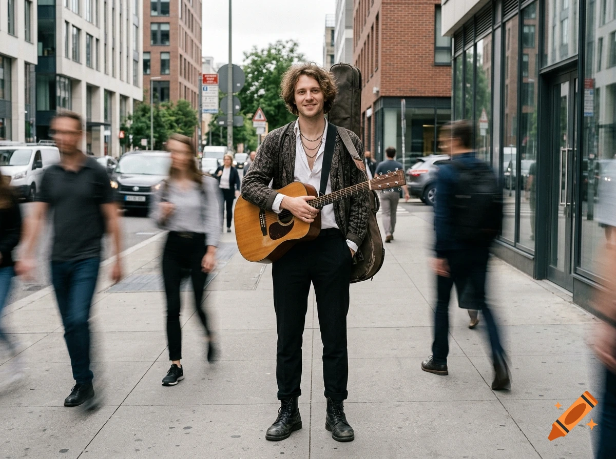 Photorealistic portrait of a young male singer-songwriter with a guitar standing on a bustling city sidewalk with blurred pedestrians.