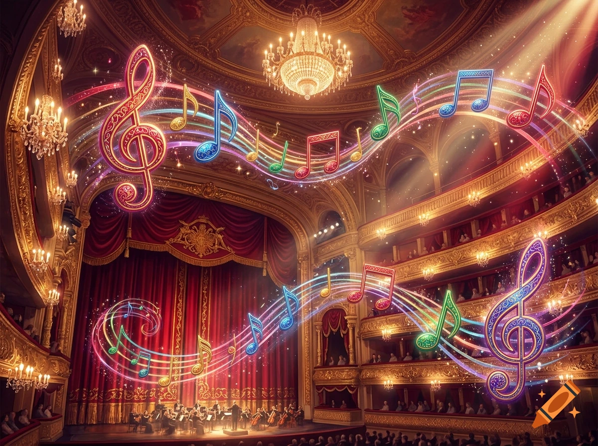 Colorful, glowing musical notes and treble clefs swirl through the air inside a grand, ornate opera house.
