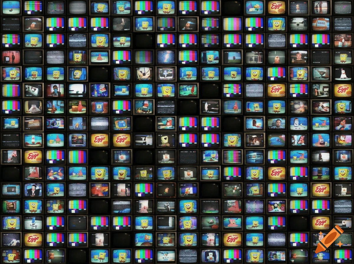 A massive grid of many old televisions showing SpongeBob SquarePants episodes, Eggo waffle commercials, and test patterns with VHS static effects.