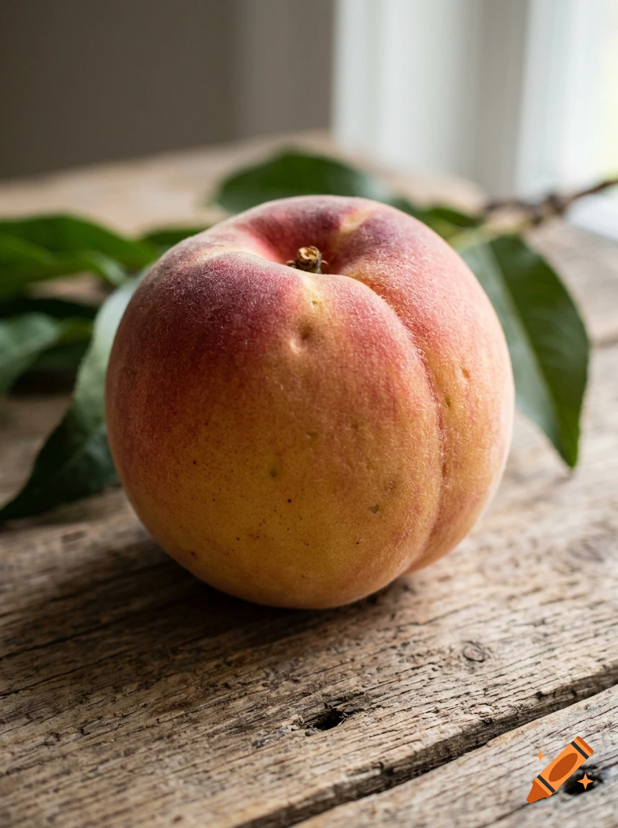 A fresh peach rests on a rustic wooden surface with green leaves in the background.