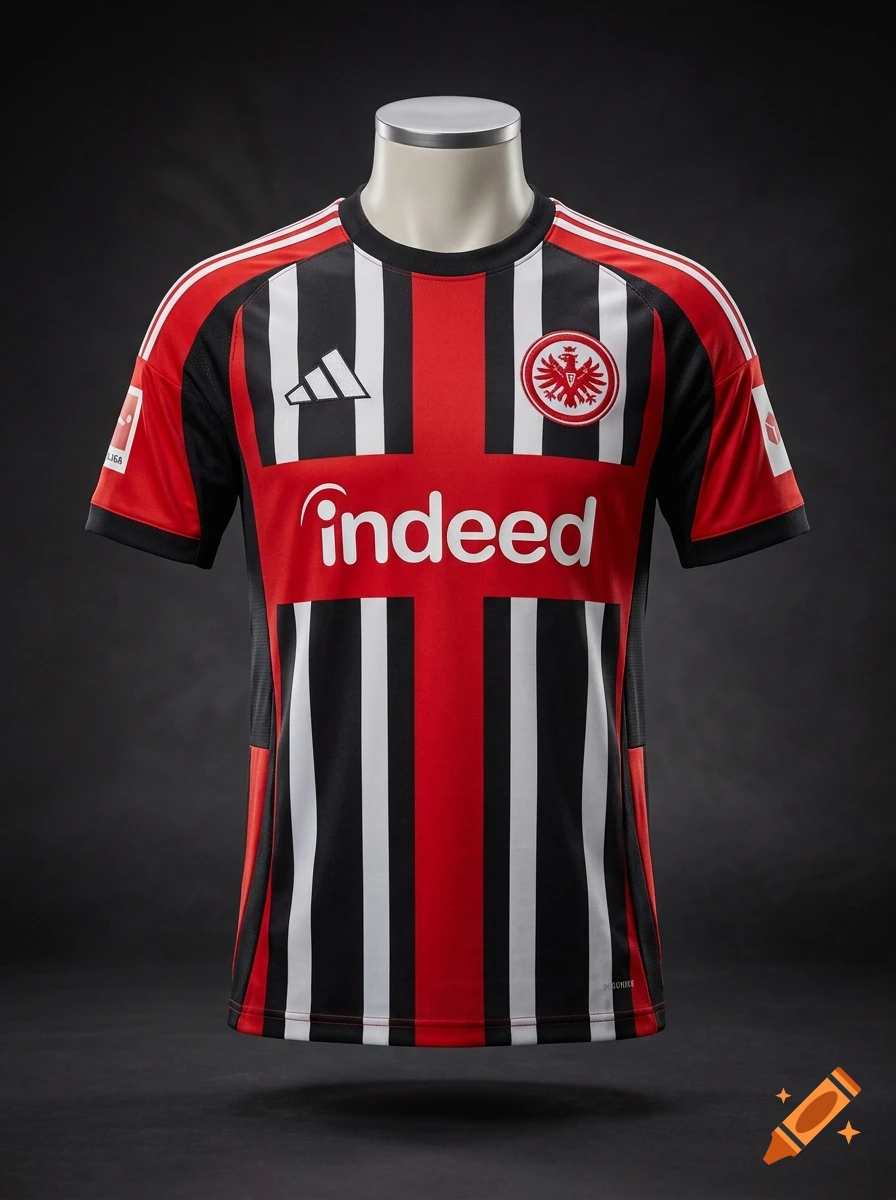 A red and black Eintracht Frankfurt soccer jersey displayed on a mannequin, featuring white vertical stripes and sponsor logos.