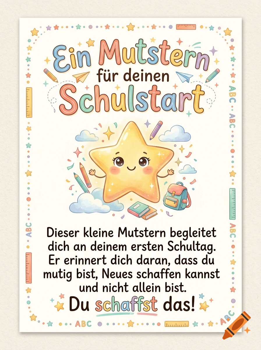 Colorful watercolor illustration of a friendly star with a school bag, books, and German text for the first day of school.