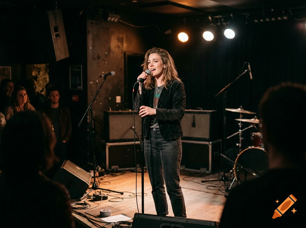 Photorealistic image of a woman singing into a microphone on a stage in a dimly lit bar, surrounded by band equipment and audience members.