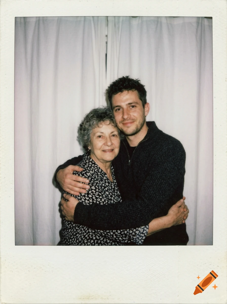 Polaroid photograph of an older woman and a young man hugging in front of white curtains.