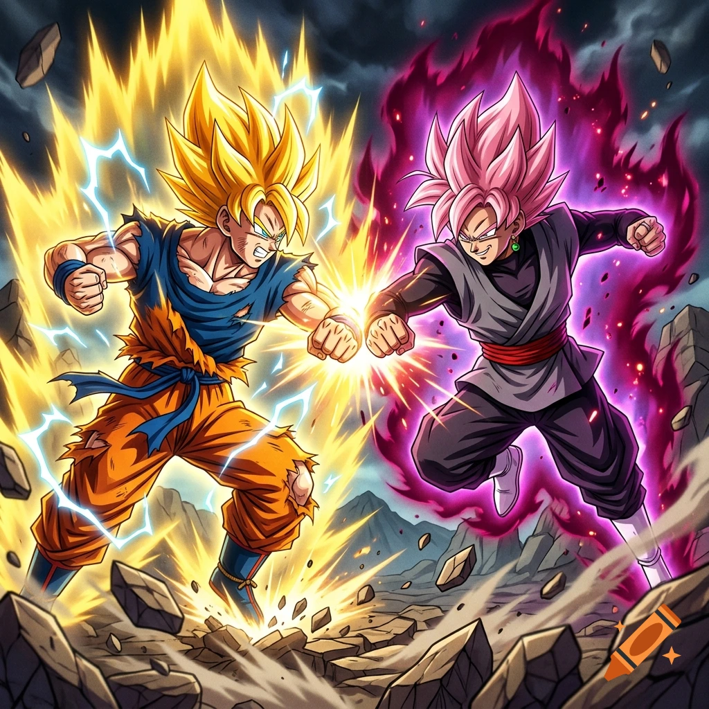 Super Saiyan Goku and Super Saiyan Rosé Goku Black fighting with dynamic energy auras in an anime style.
