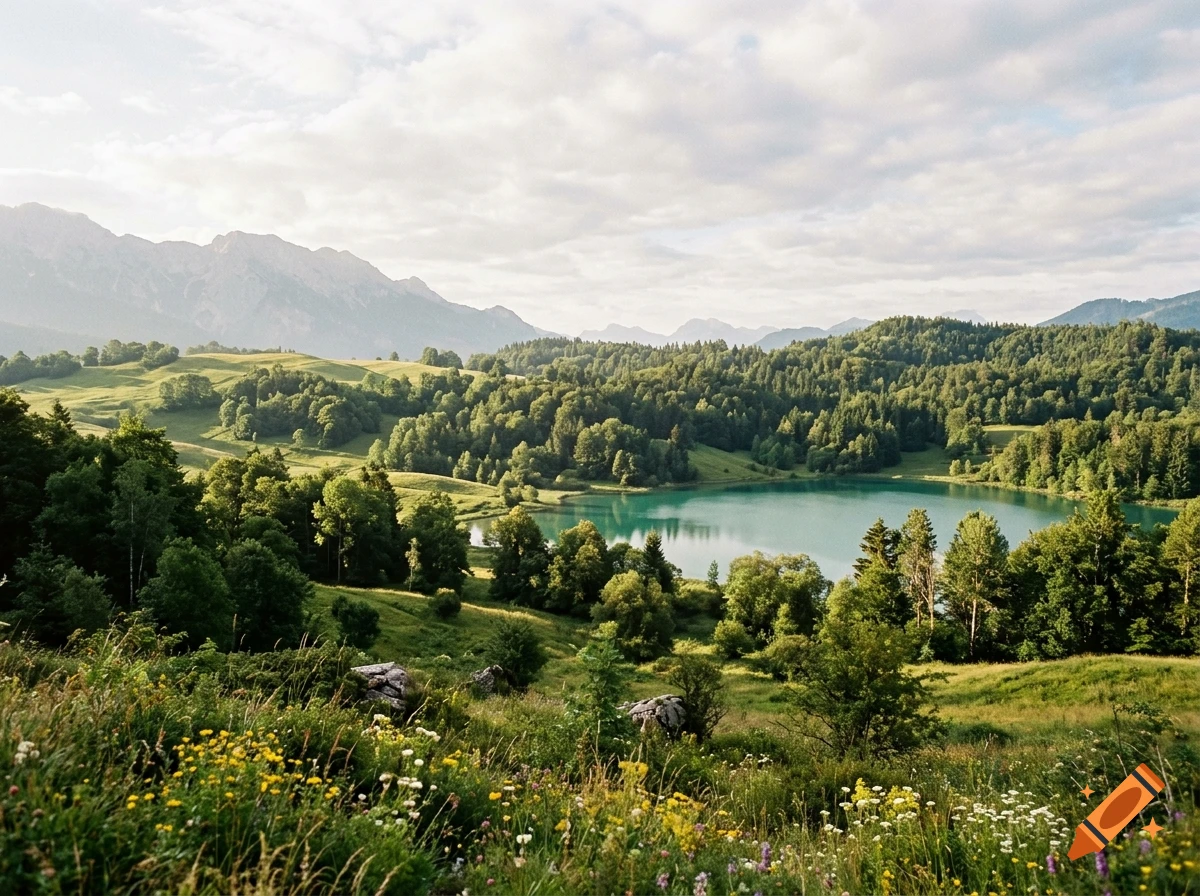 A scenic view of a calm turquoise lake nestled amidst lush green forests and rolling hills, with distant mountains under a cloudy sky.