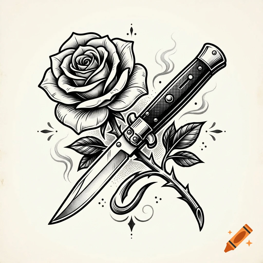 Black and white tattoo design of a rose crossed with a switchblade knife, featuring stippling and decorative details.