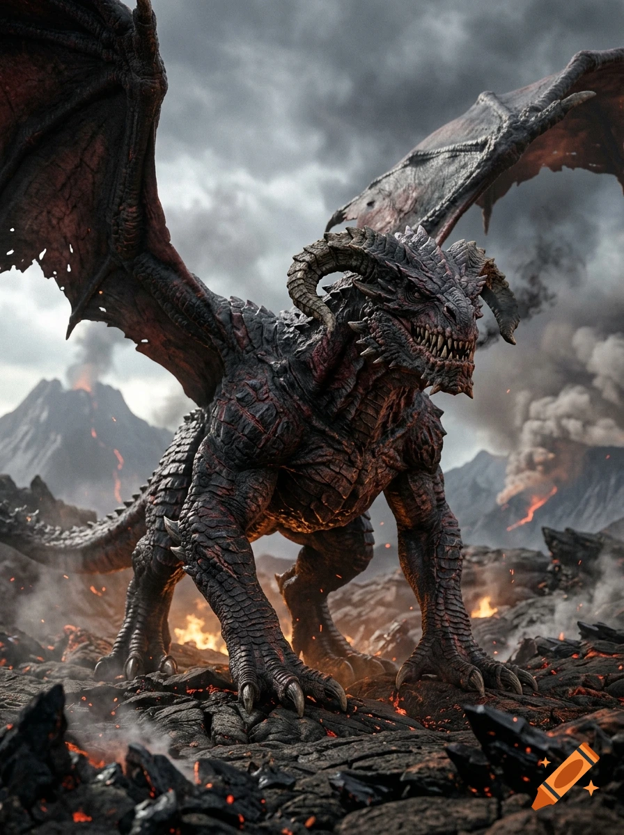 Photorealistic image of a large, horned black and red dragon standing on volcanic rock with erupting volcanoes and smoke in the background.