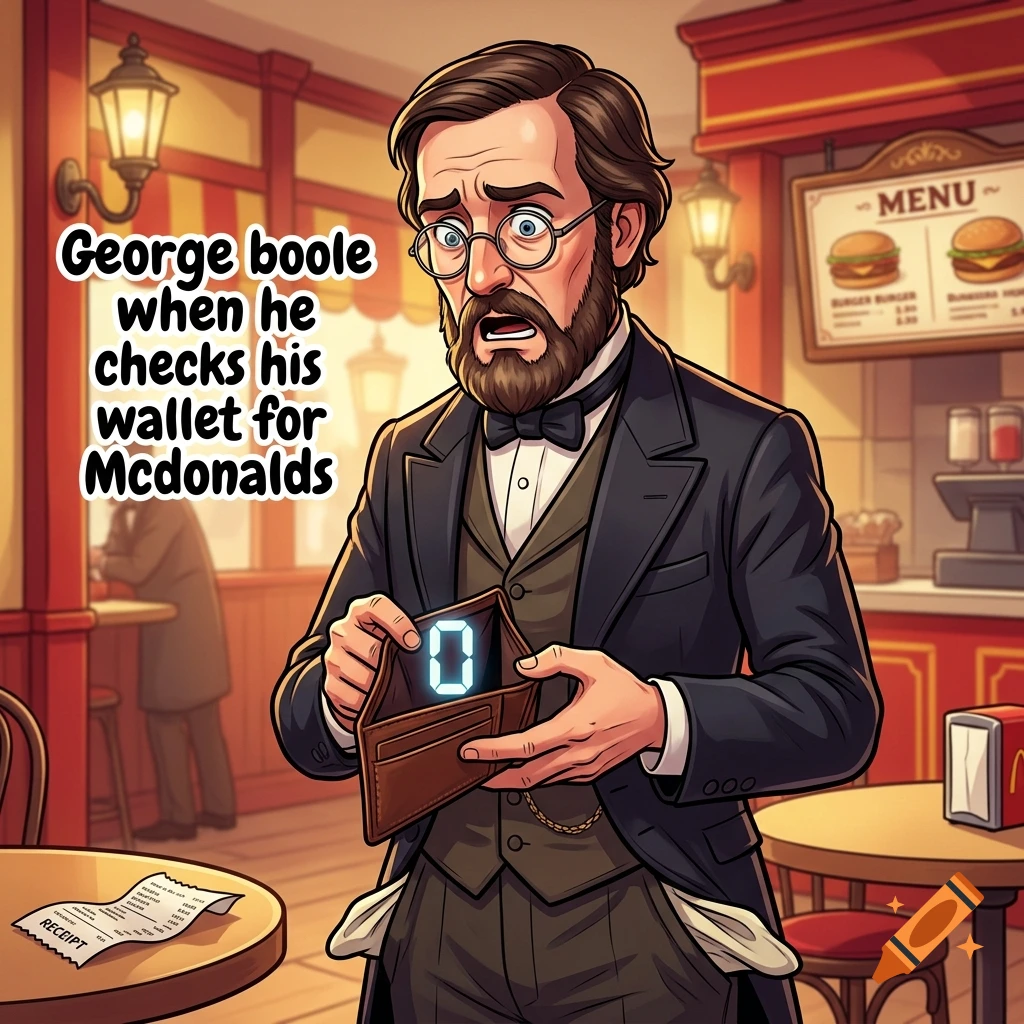 An illustrated man with a beard and glasses looks shocked while holding an empty wallet containing a glowing zero inside a restaurant.