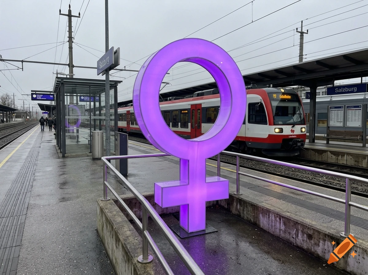 Photorealistic image of a glowing purple Venus symbol on a train station platform, with a train in the background.
