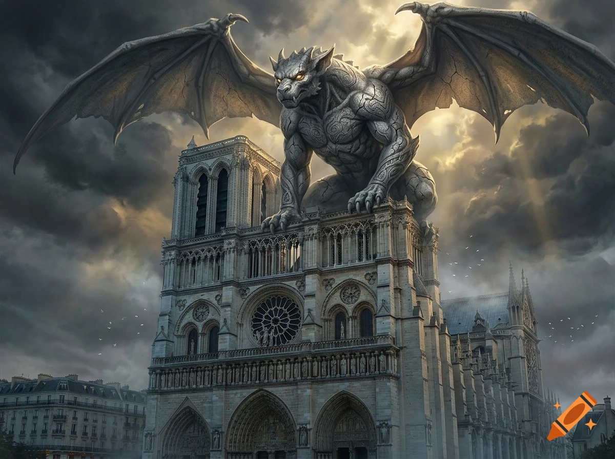 A massive stone gargoyle perched atop the facade of the Notre-Dame cathedral under a dramatic cloudy sky, digital art style.