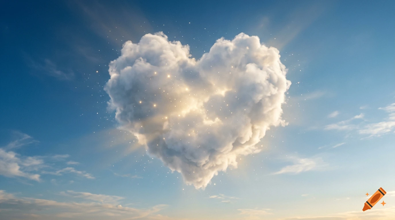 Heart-shaped cloud with golden starlight in a blue sky, cinematic lighting, photorealistic.