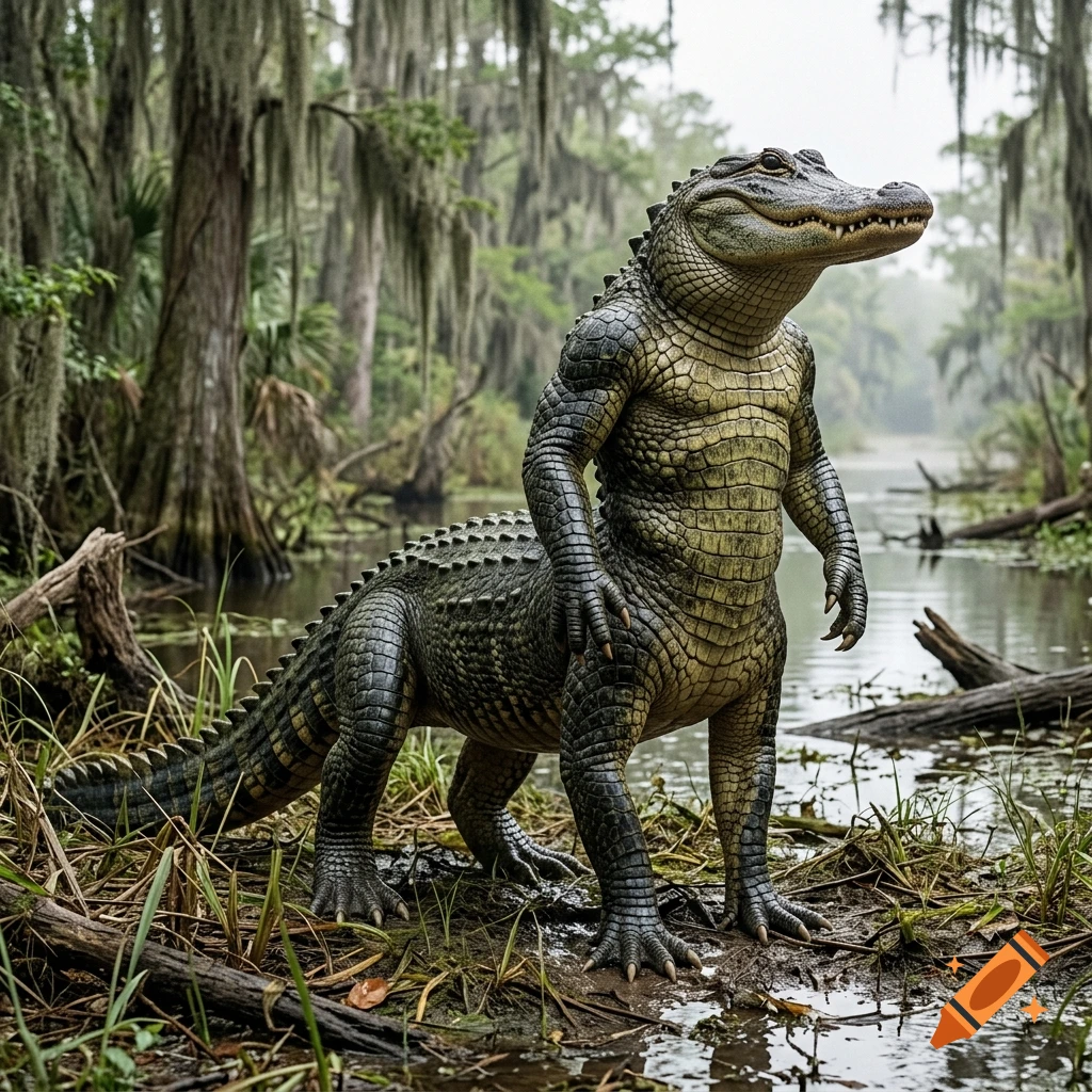 An anthropomorphic alligator stands on four legs with an upright human-like torso in a swamp surrounded by trees and water.