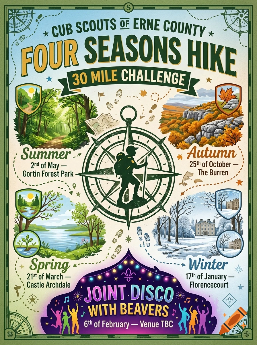An illustrated poster for Cub Scouts of Erne County detailing a Four Seasons Hike 30 Mile Challenge with seasonal scenes for Spring, Summer, Autumn, and Winter, plus a joint disco event.