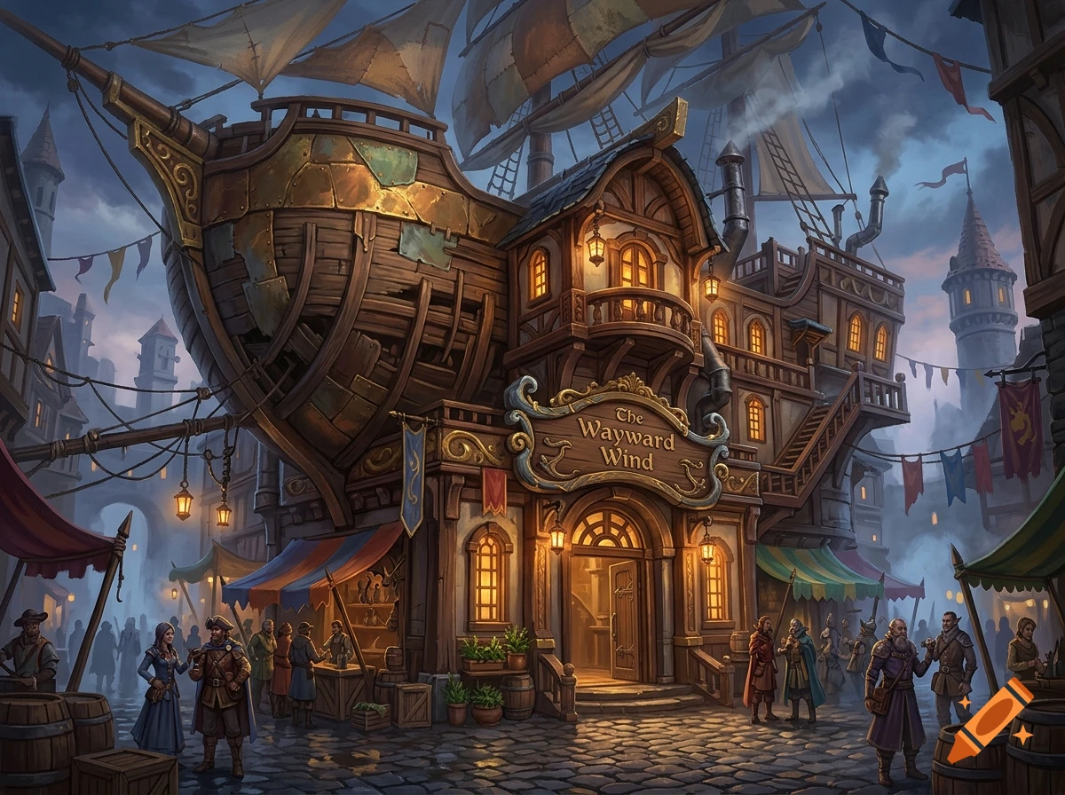 High fantasy digital painting of a bustling urban tavern built inside a salvaged airship hull with a glowing sign reading The Wayward Wind.