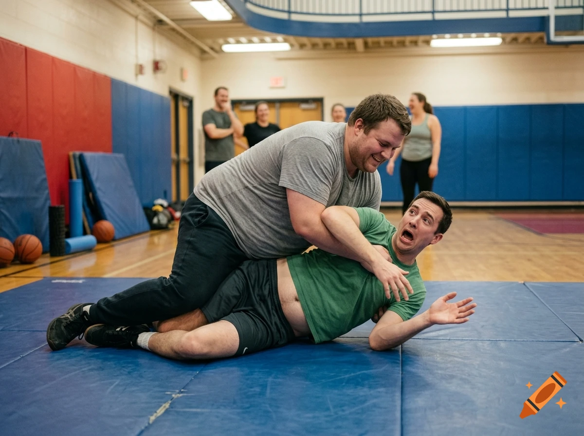 Photorealistic image of two men play fighting on a blue gym mat in a school gymnasium while onlookers watch.