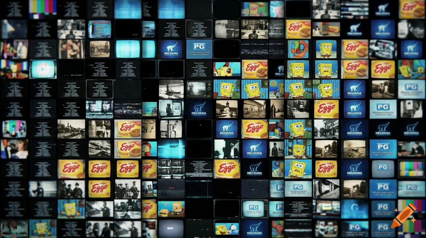 A large grid of various television screens displaying end credits, cartoons, logos, and test patterns.