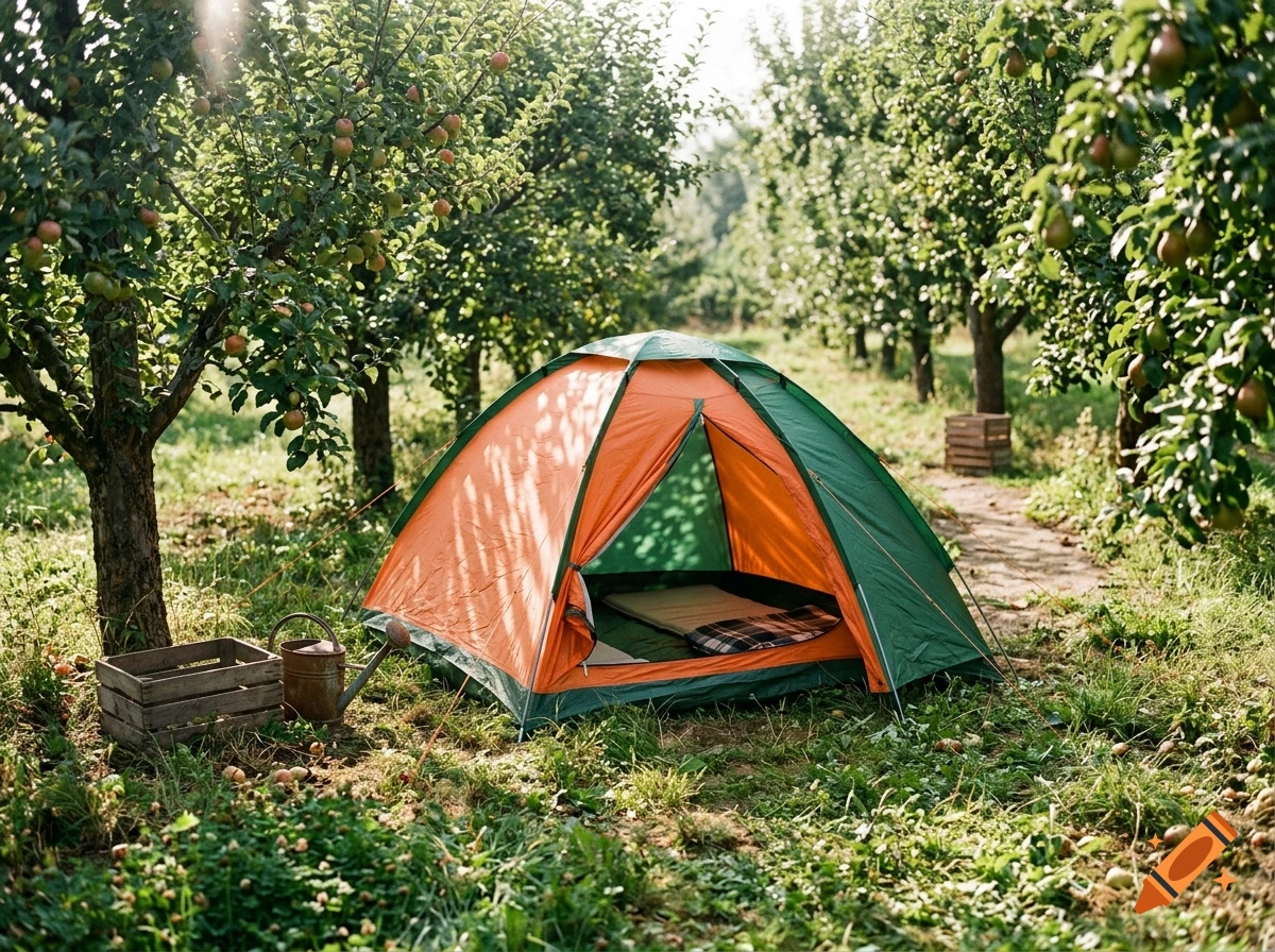 An orange and green tent pitched in an orchard filled with fruit trees.