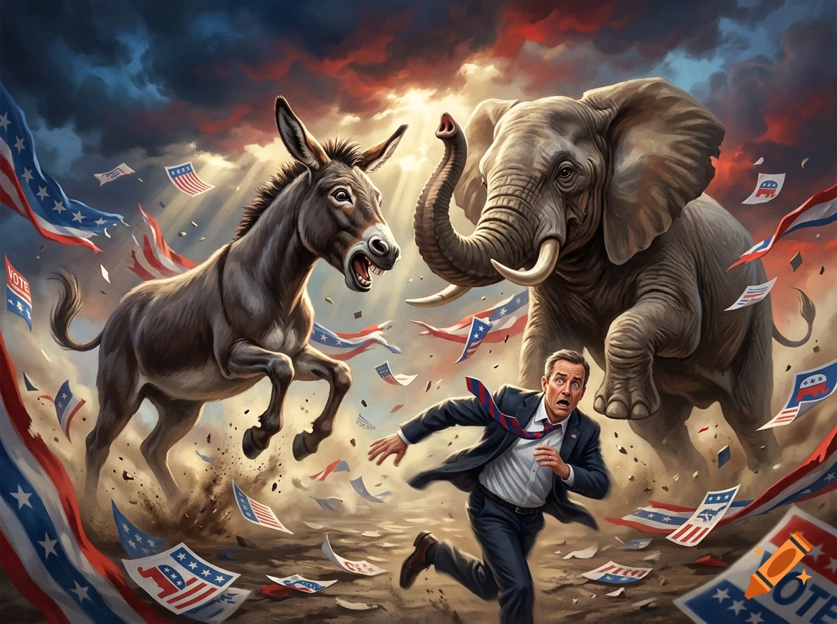 An illustrated scene of a donkey and an elephant charging as a terrified man runs away amid political campaign signs and debris.