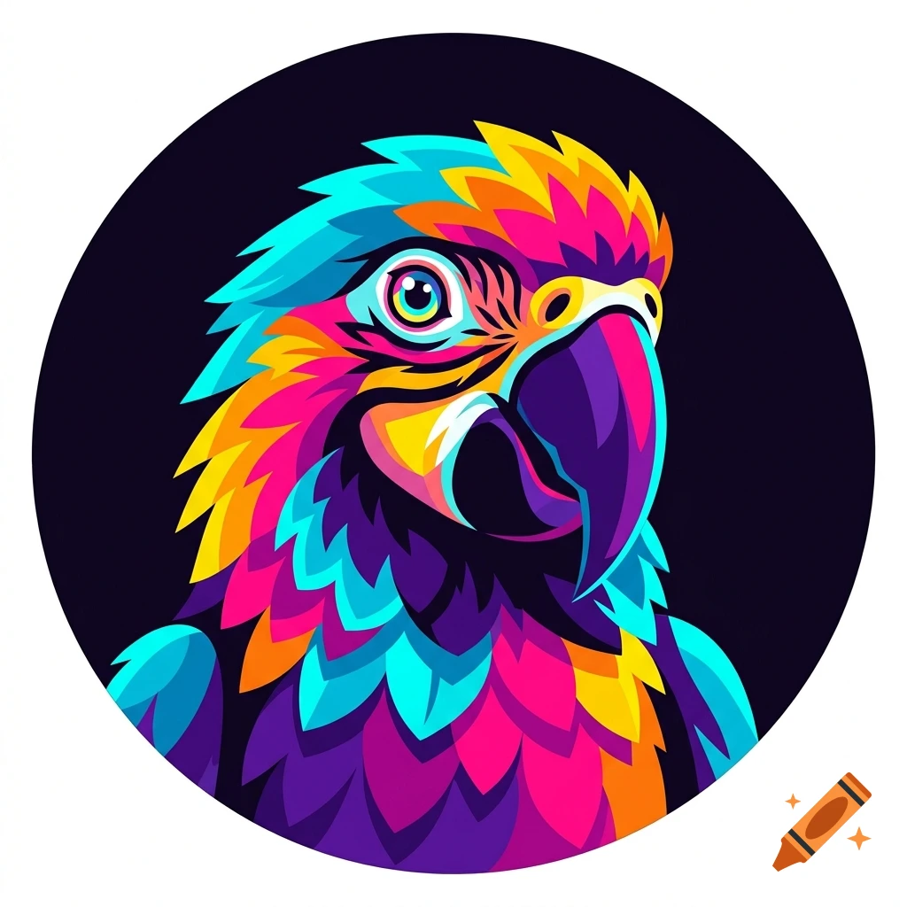 Vibrant neon pop art portrait of a colorful parrot in graphic design style, centered on a dark circular background.