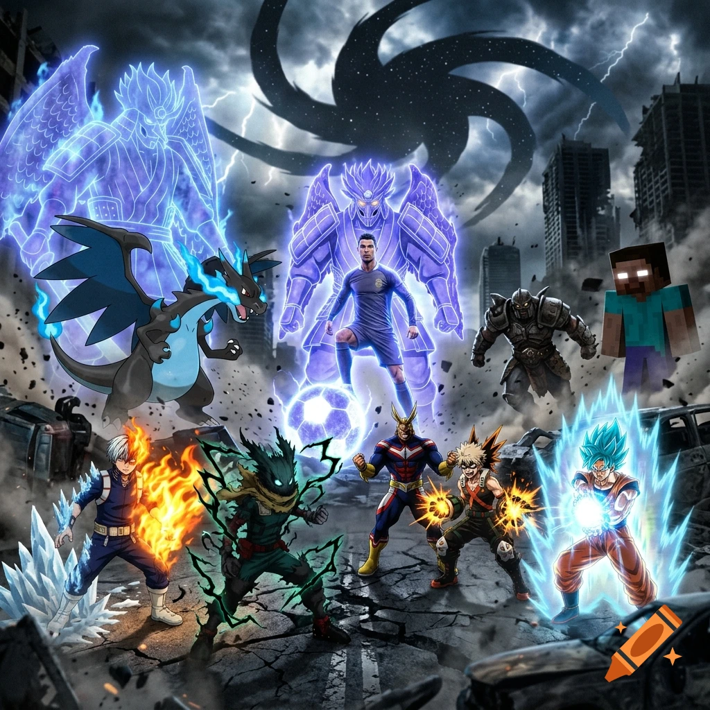 An epic crossover illustration featuring various anime and gaming characters, including a central soccer player surrounded by glowing energy, dragons, heroes, and a ruined city backdrop with a stormy sky.