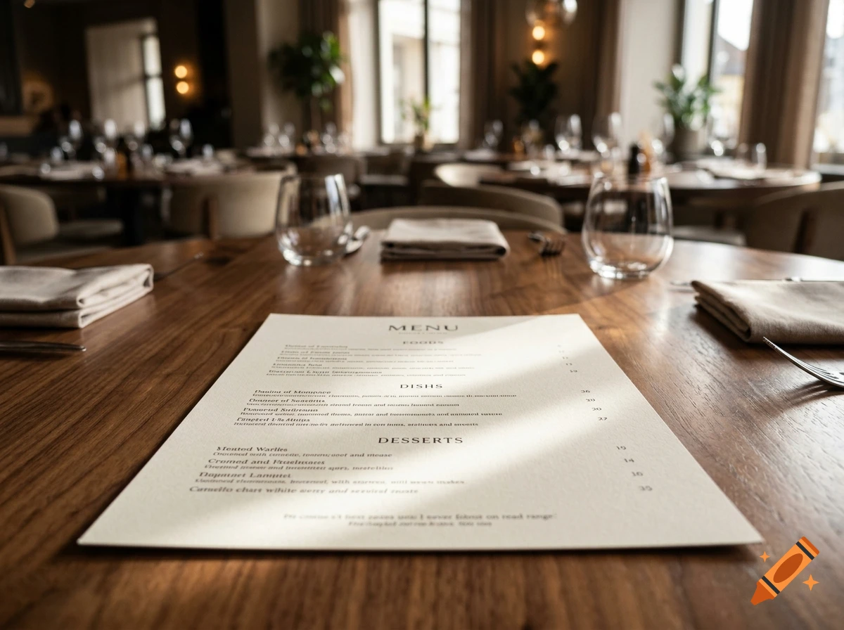 Photorealistic close-up of a restaurant menu on a wooden table with wine glasses and settings in the blurred background.