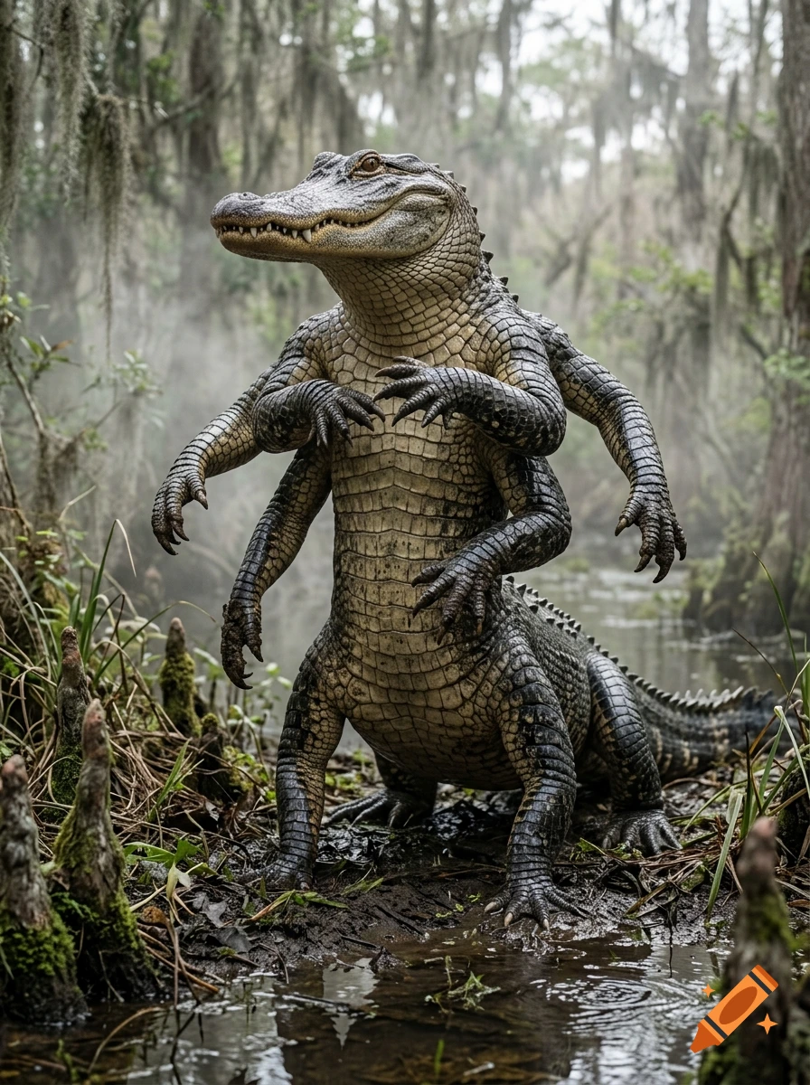 Photorealistic alligator with six arms standing in a swampy marsh with cypress trees.