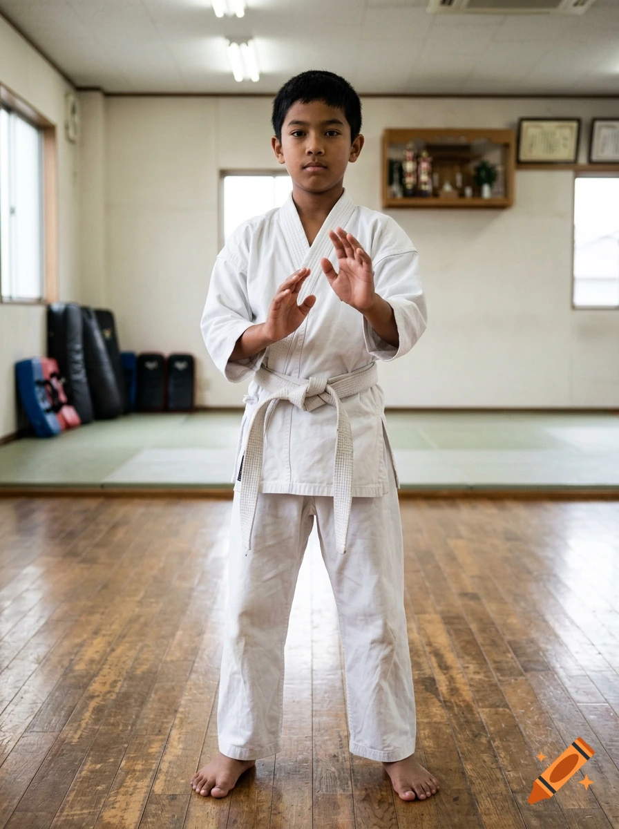 A young boy in a white karate uniform practicing a martial arts pose inside a dojo.