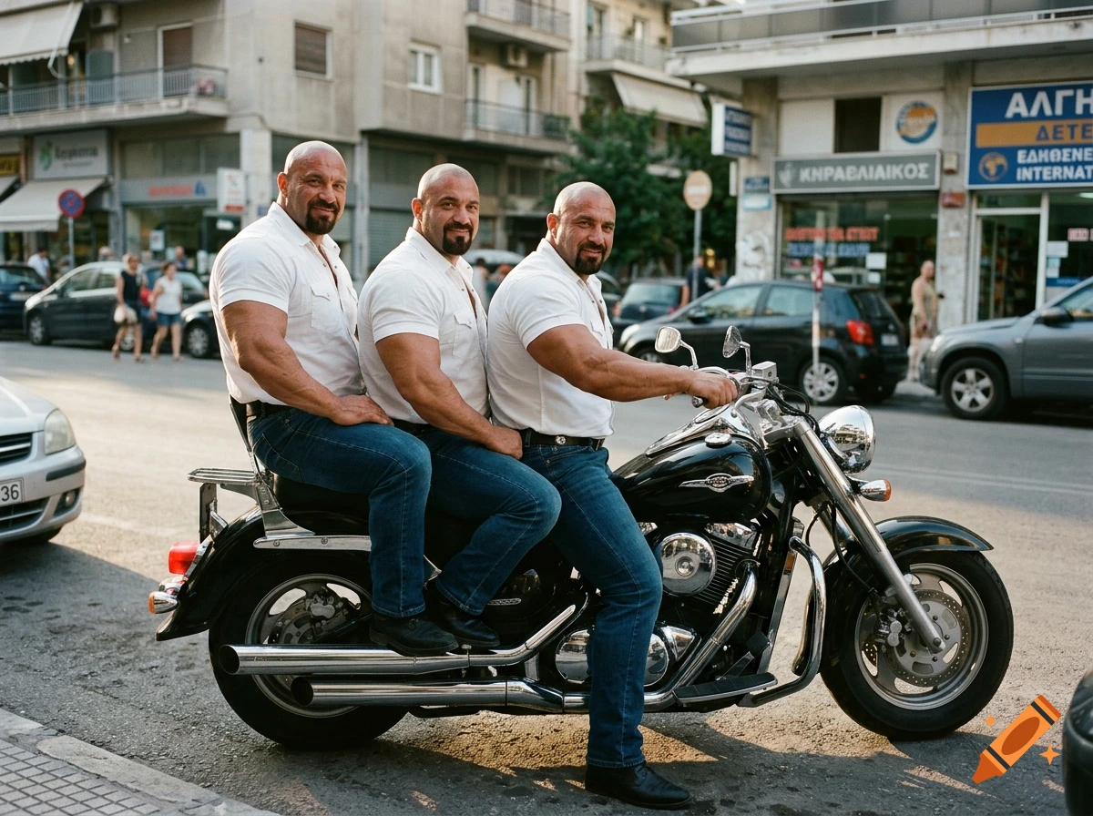 Three identical muscular men riding together on a motorcycle in a city street, photorealistic.