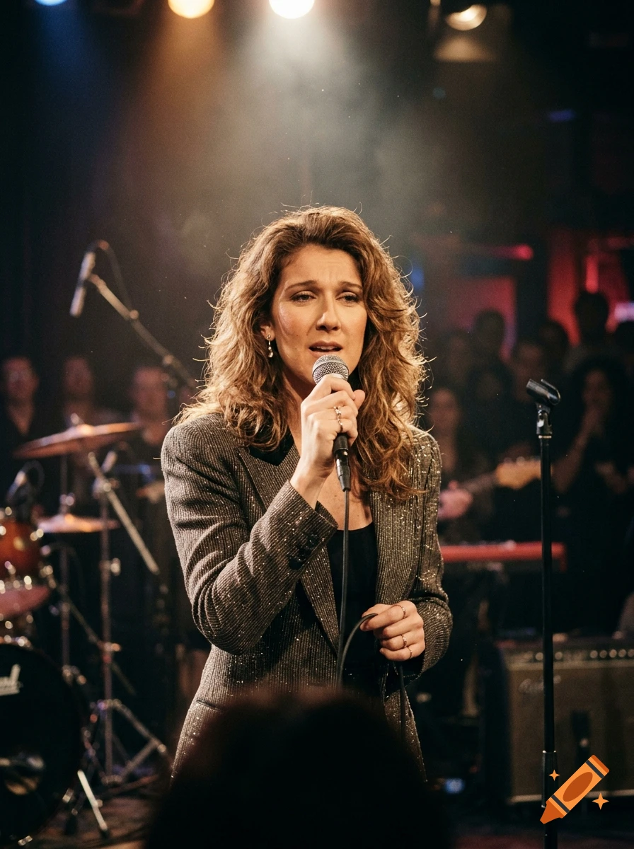 Photorealistic medium shot of a young Celine Dion singing into a microphone on a stage with a band in the background.
