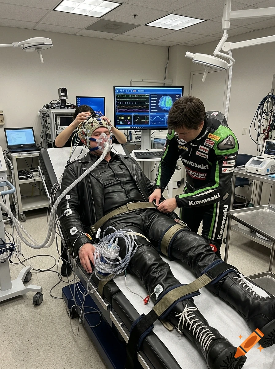 A man in a black leather suit lying on an examination table with medical equipment connected to his head and body, assisted by medical staff and another person.