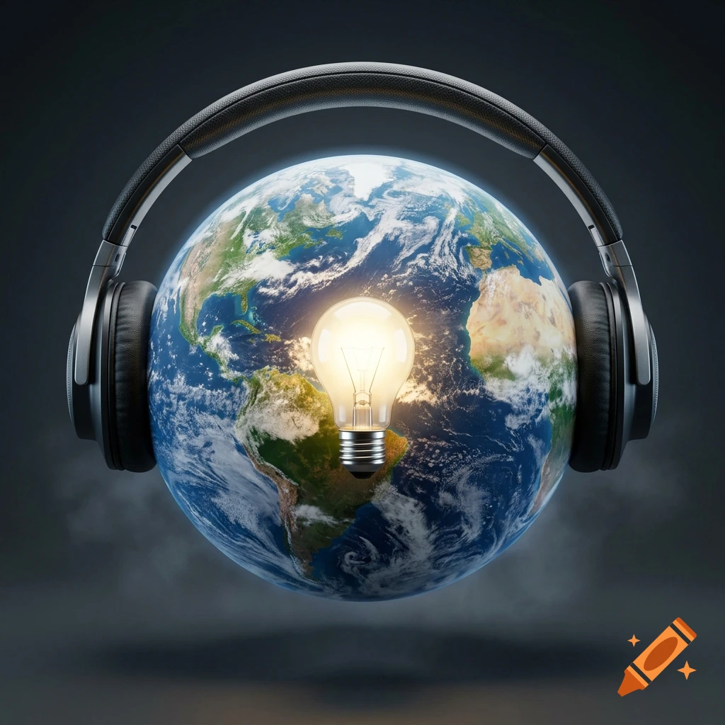 A photorealistic planet Earth wearing over-ear headphones with a glowing light bulb in the center against a dark background.