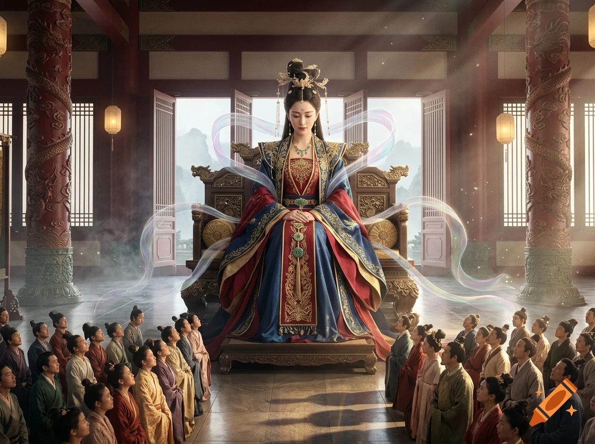 An ornate Chinese empress seated on a grand throne, looking down at subjects in a palace hall, cinematic 3D style.