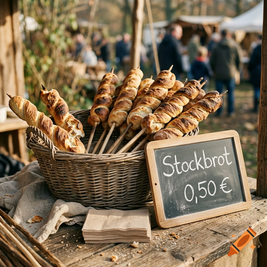 Photorealistic image of a wicker basket filled with twisted bread on sticks next to a chalkboard sign reading Stockbrot 0,50 Euro at an outdoor market.
