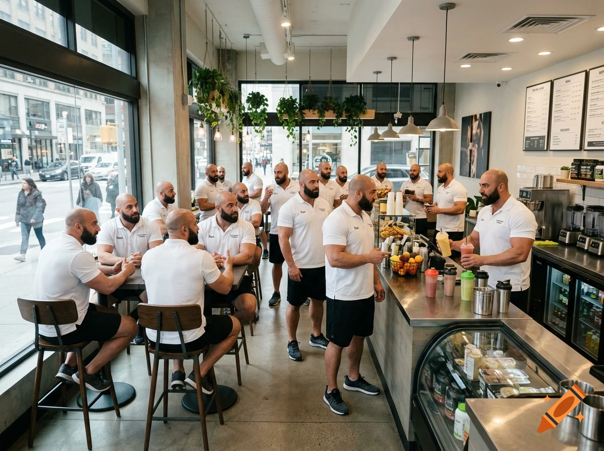 Photorealistic interior of a protein drink shop filled with identical bald, bearded male clones in white polo shirts.