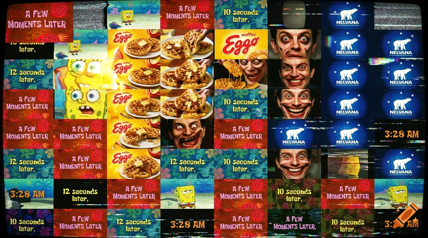 A chaotic grid collage of SpongeBob time cards, Eggo waffles, creepy smiling faces, and Nelvana logos with VHS glitch effects.