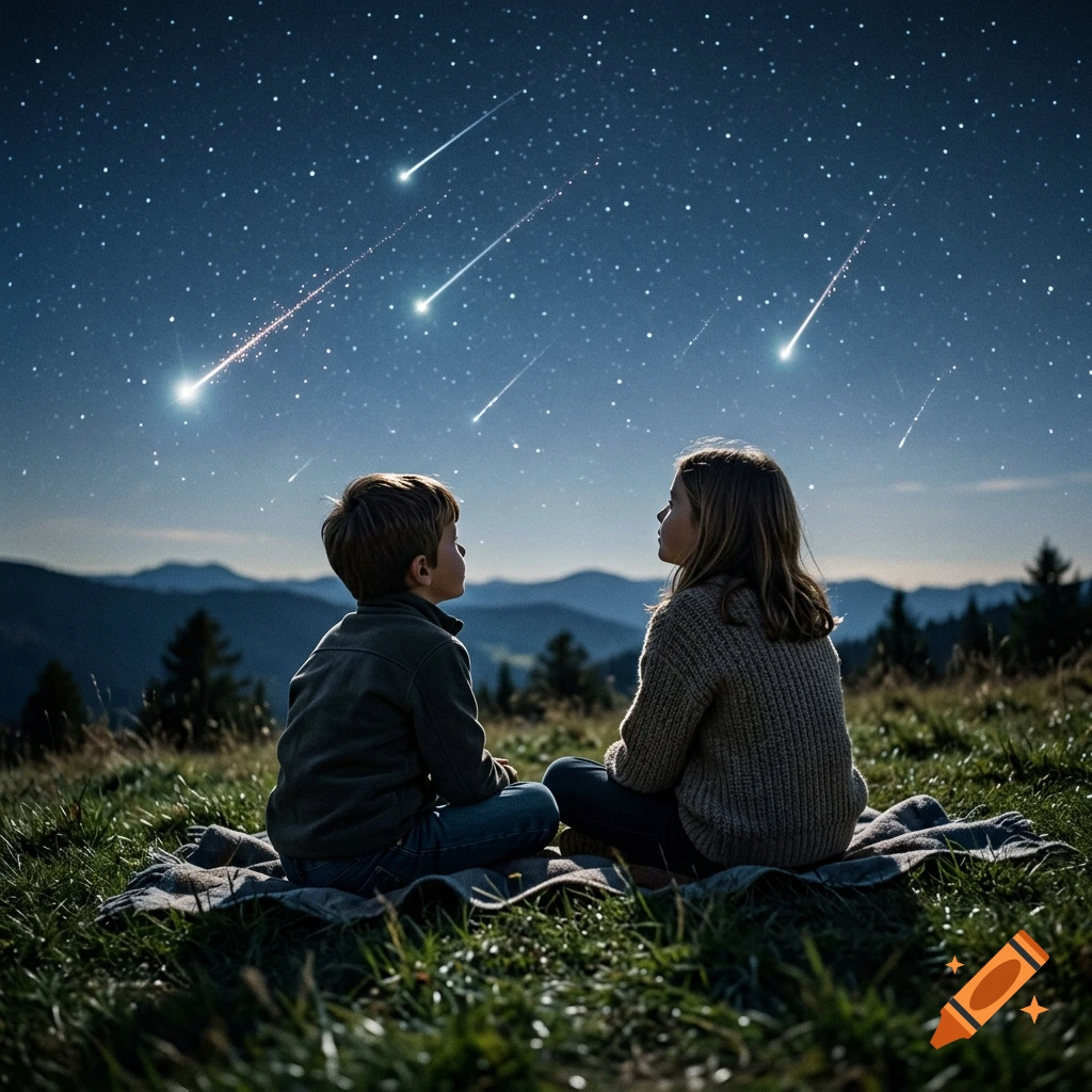 A young boy and girl sitting on a blanket on a grassy hillside, looking up at a starry night sky with shooting stars.